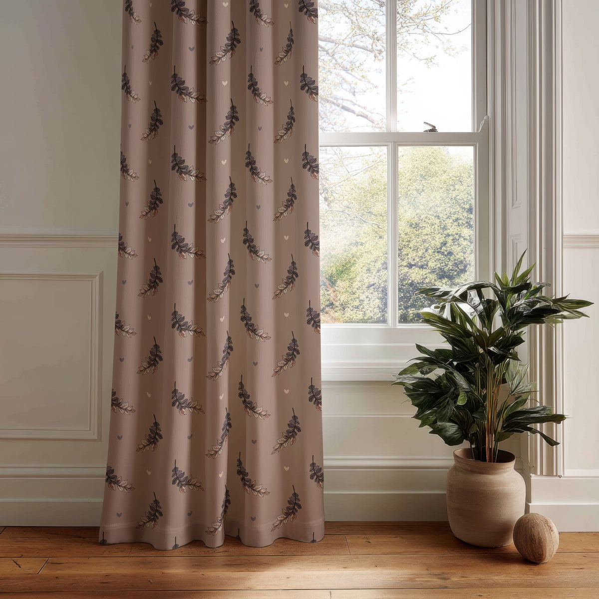 Dusty pink lavender sprig curtain panel hanging by a white window