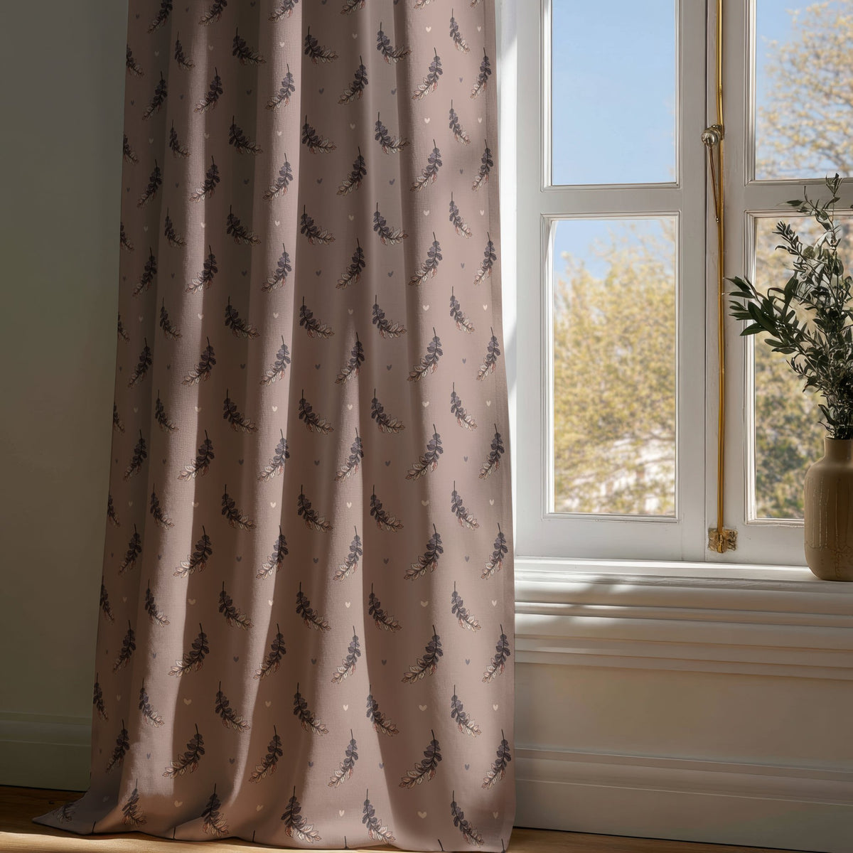 Full-length dusty pink lavender sprig curtain draping to a wooden floor