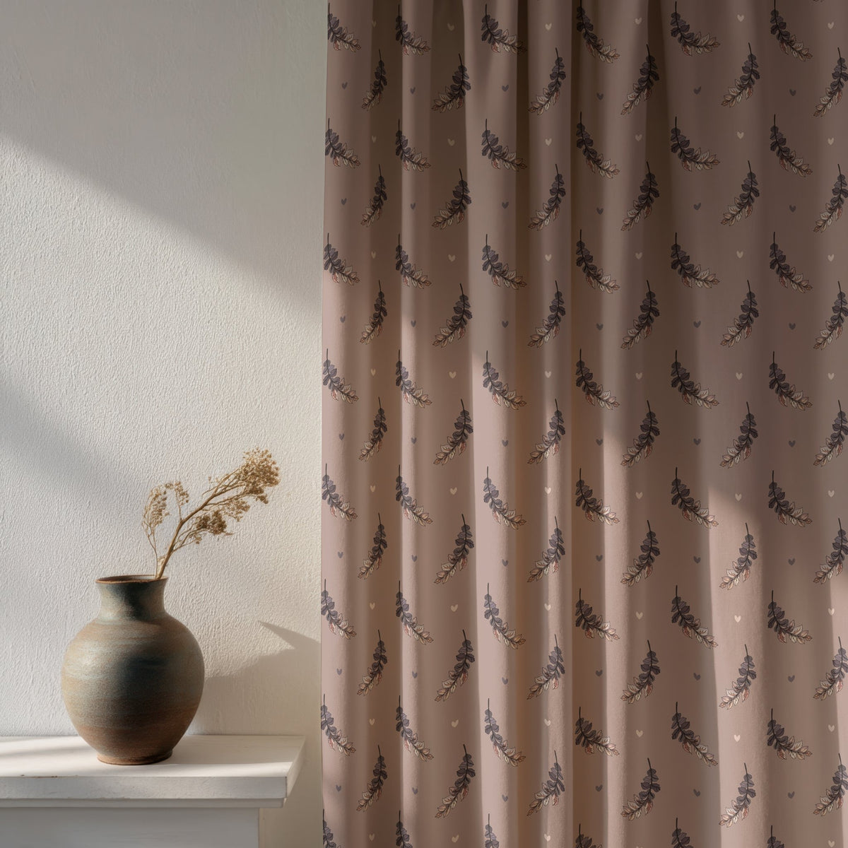 Soft daylight through a dusty pink lavender sprig curtain