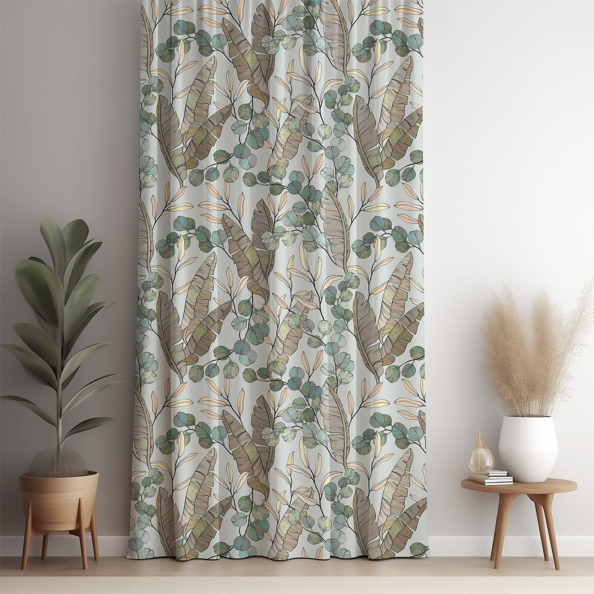 Eucalyptus leaf curtain panel against a white wall