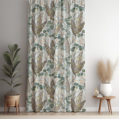 Eucalyptus leaf curtain panel against a white wall