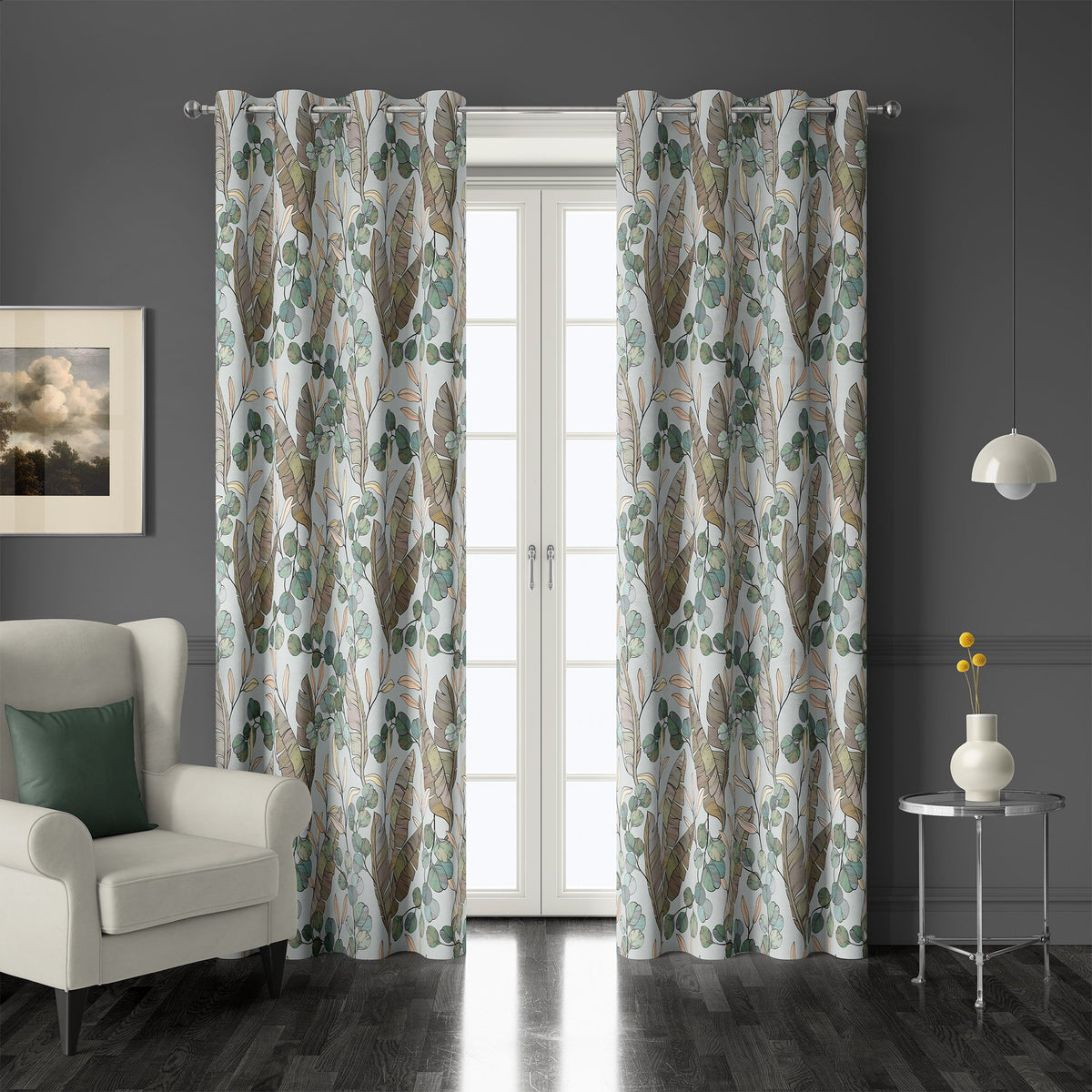 Pair of eucalyptus leaf grommet curtains at French doors