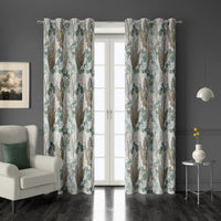 Pair of eucalyptus leaf grommet curtains at French doors