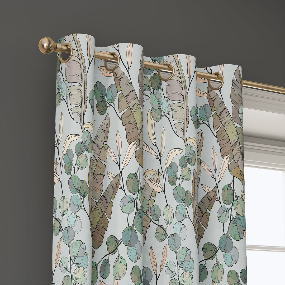 Grommet top of a eucalyptus leaf curtain on a brass rod