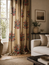Flower vase block print curtains in a living room