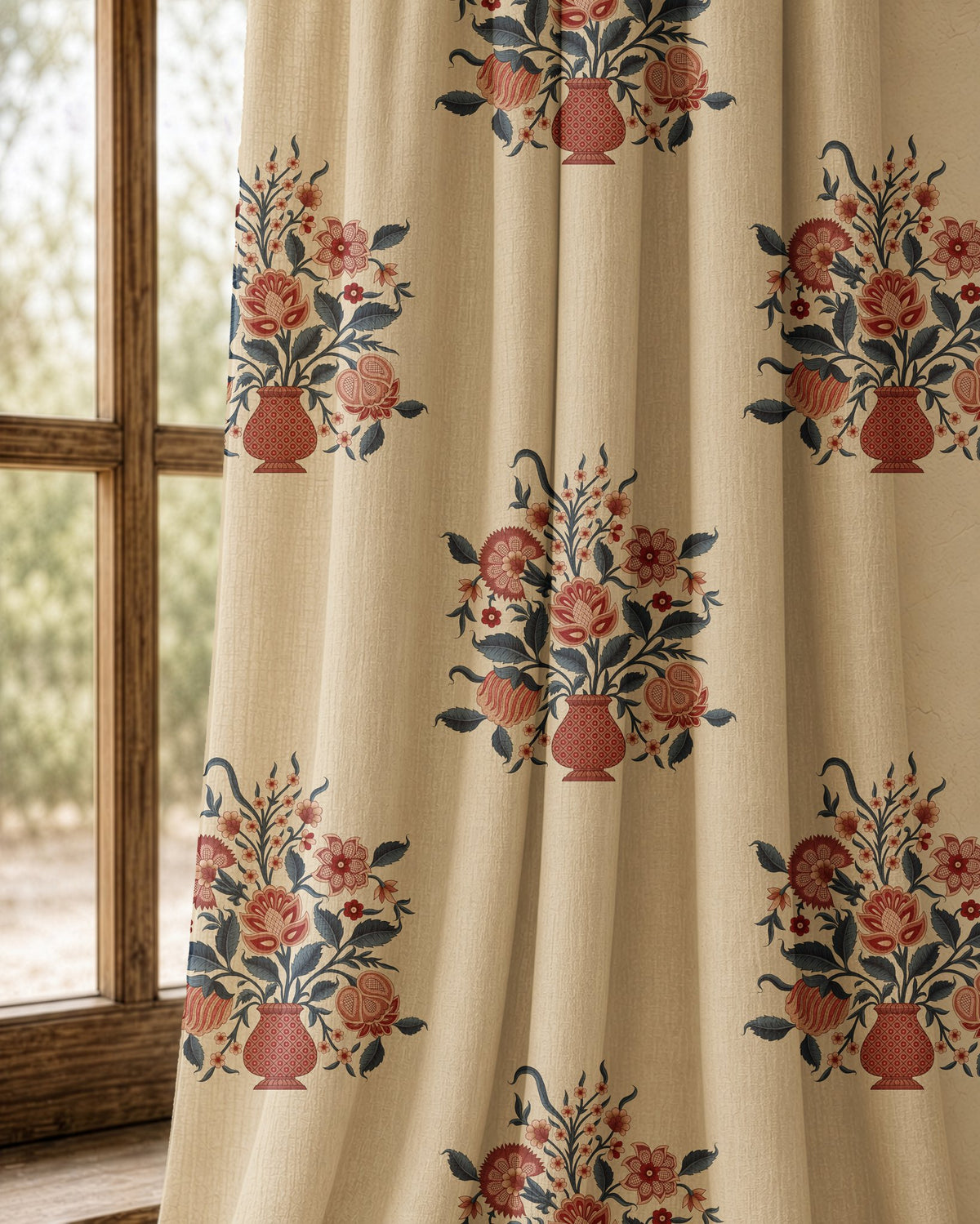 Pair of flower vase block print curtains at an arched window