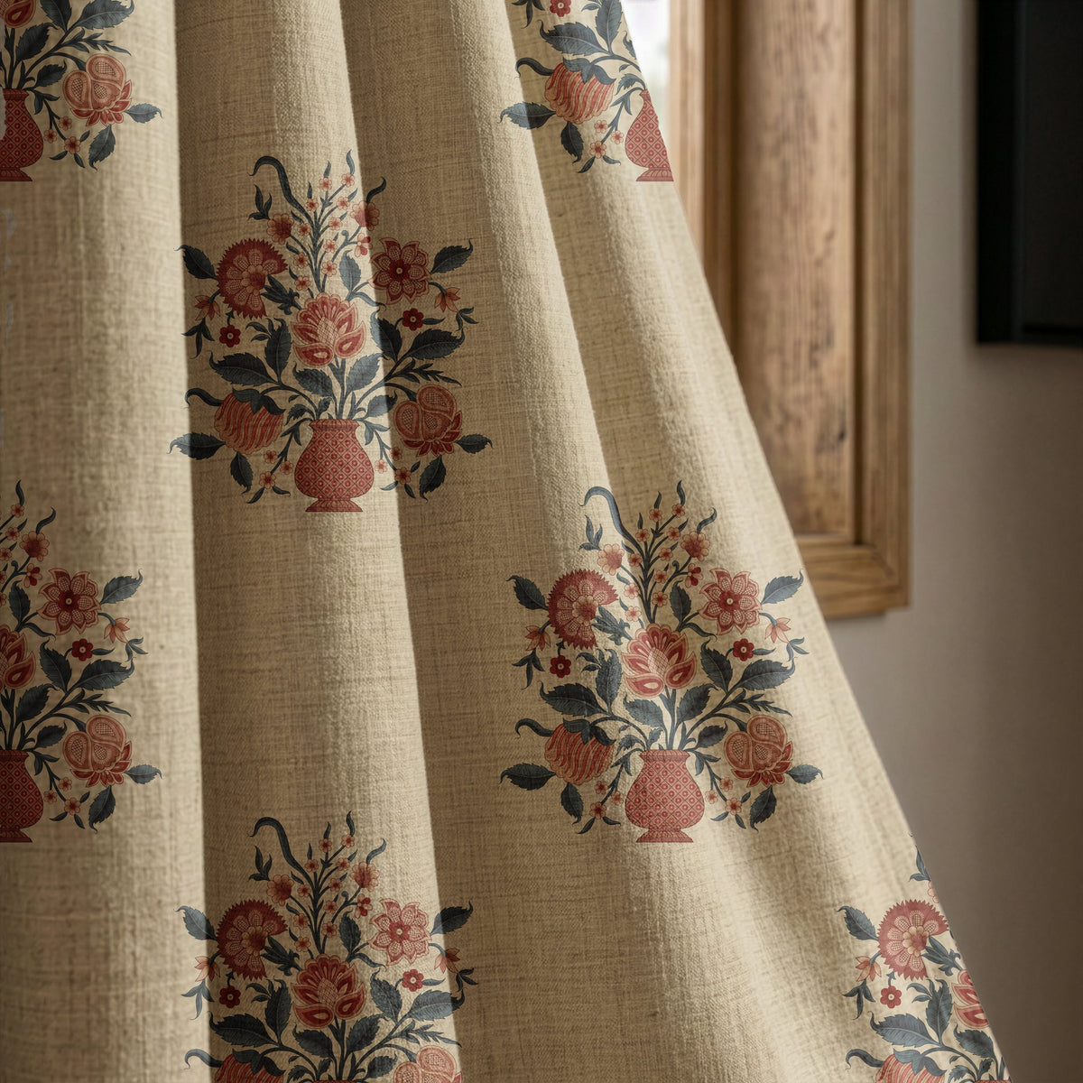 Flower vase block print curtain panel beside a rustic wooden window