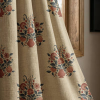 Flower vase block print curtain panel beside a rustic wooden window