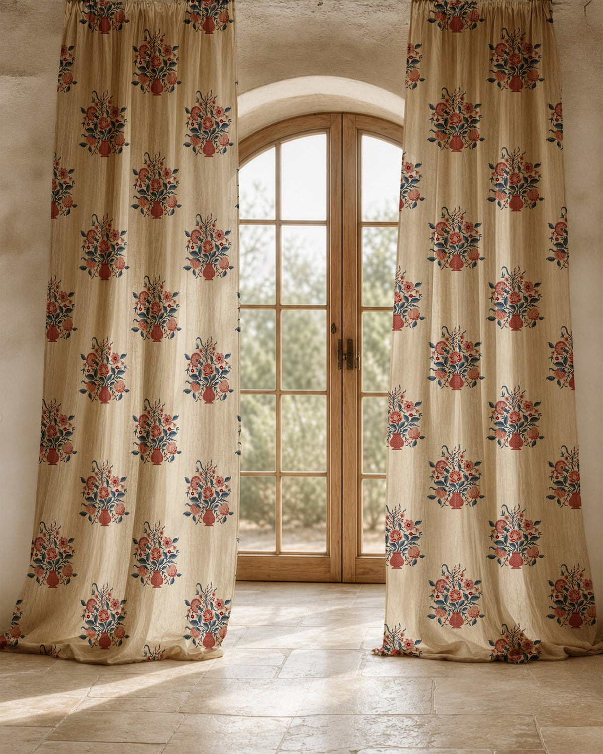 Two long flower vase block print curtain panels