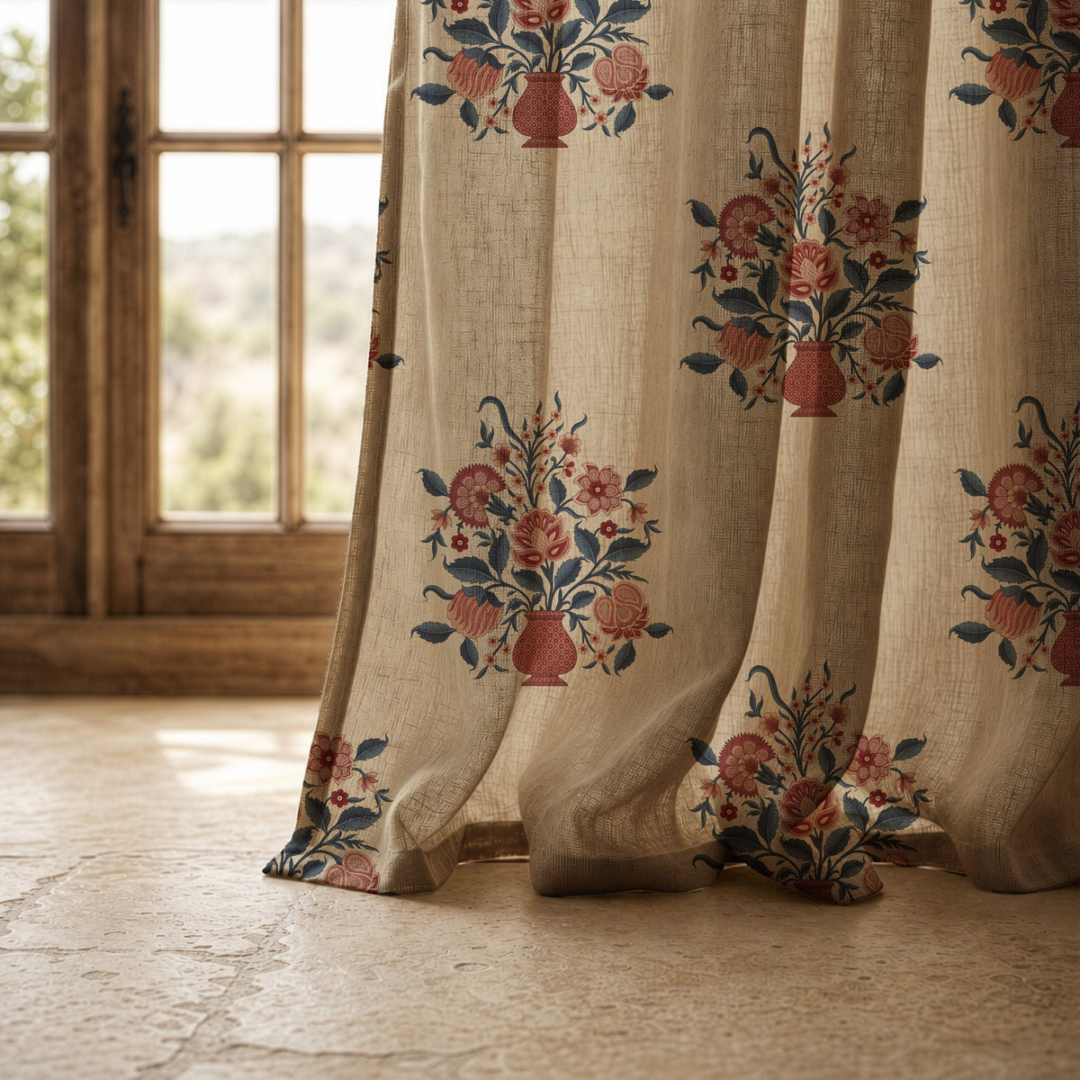 Hem of a flower vase block print curtain resting on a stone floor