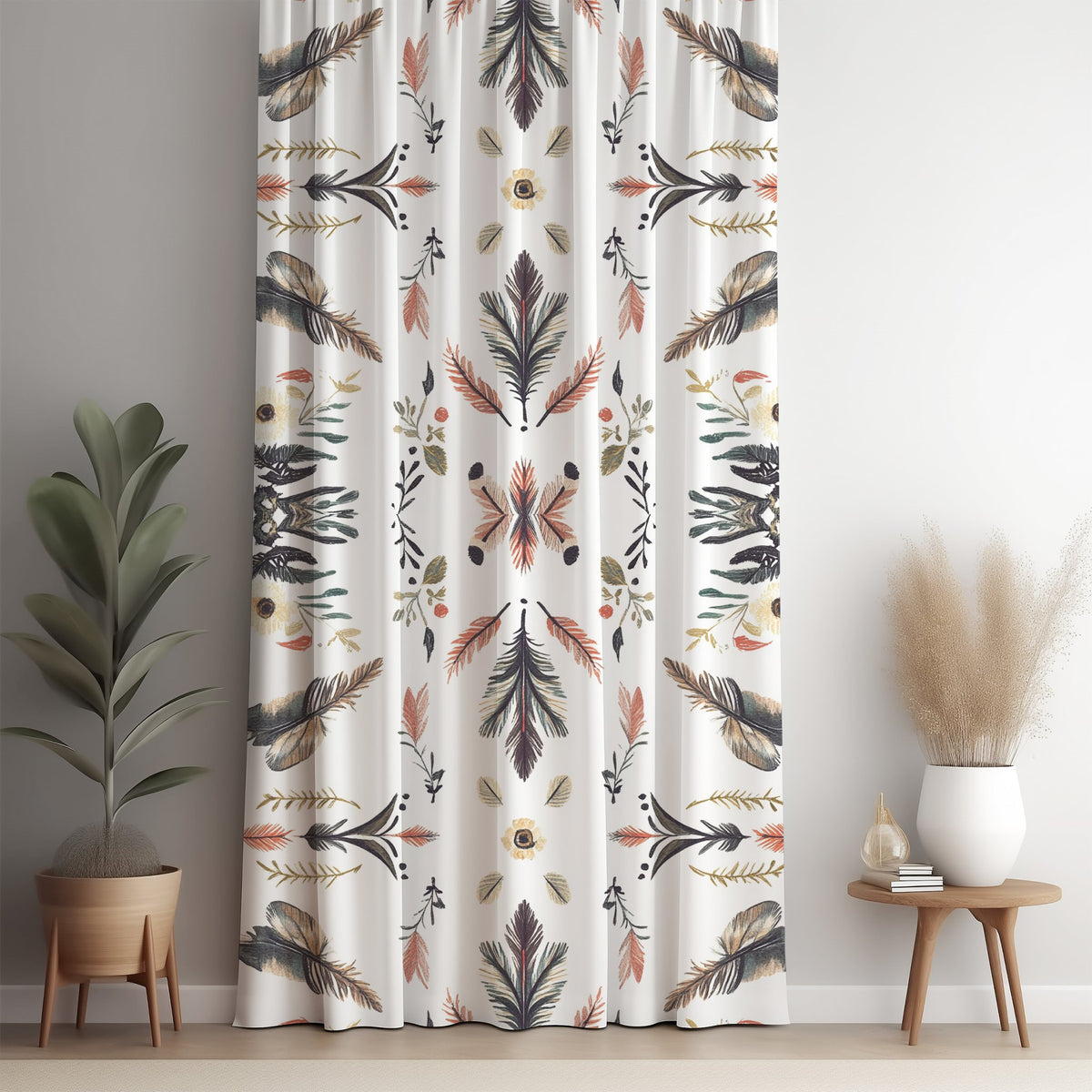 Folk feather print curtain panel against a white wall