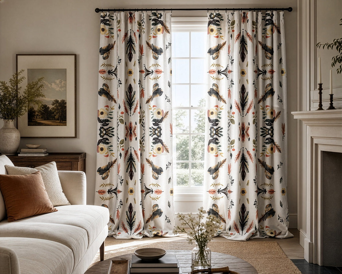 Folk feather print curtains in a living room