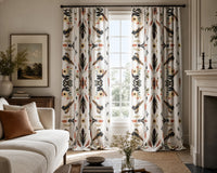 Folk feather print curtains in a living room