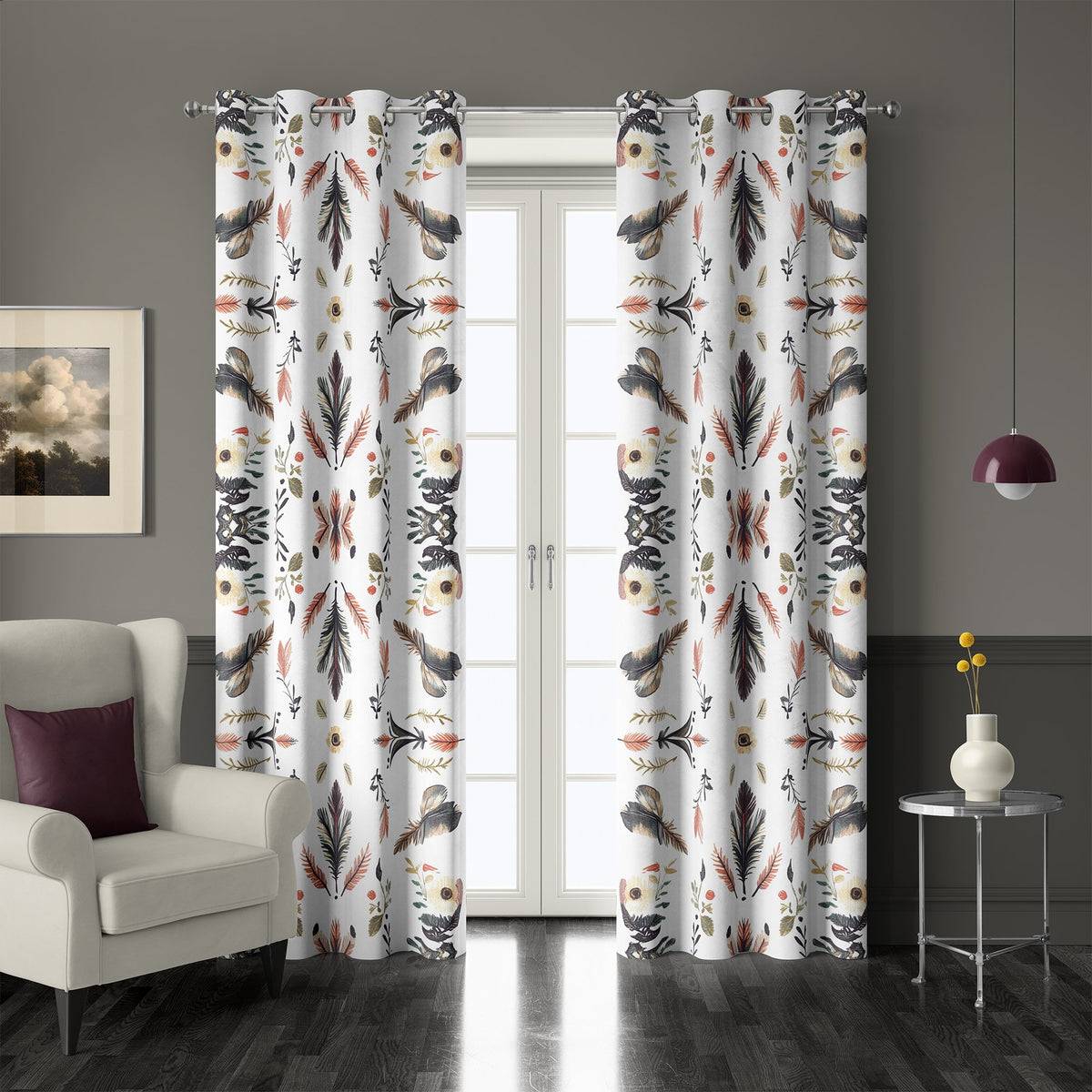 Pair of folk feather print grommet curtains at French doors