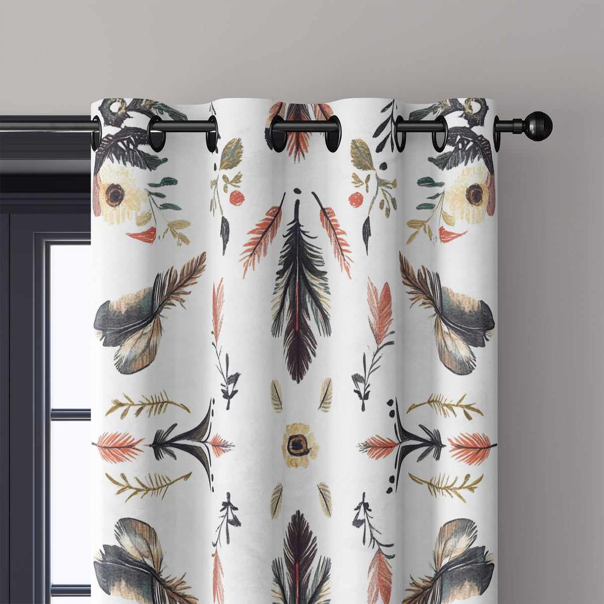 Close-up of folk feather print curtain grommets on a black rod