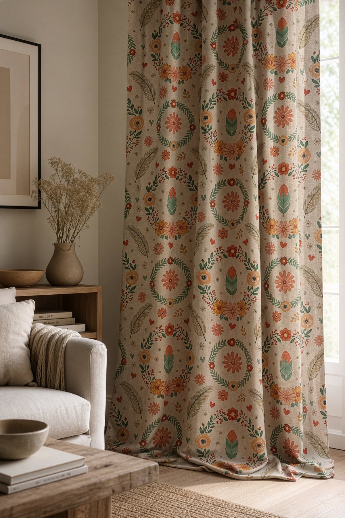 Folk floral wreath curtains in a living room
