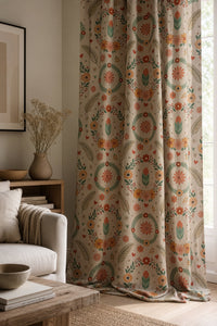Folk floral wreath curtains in a living room