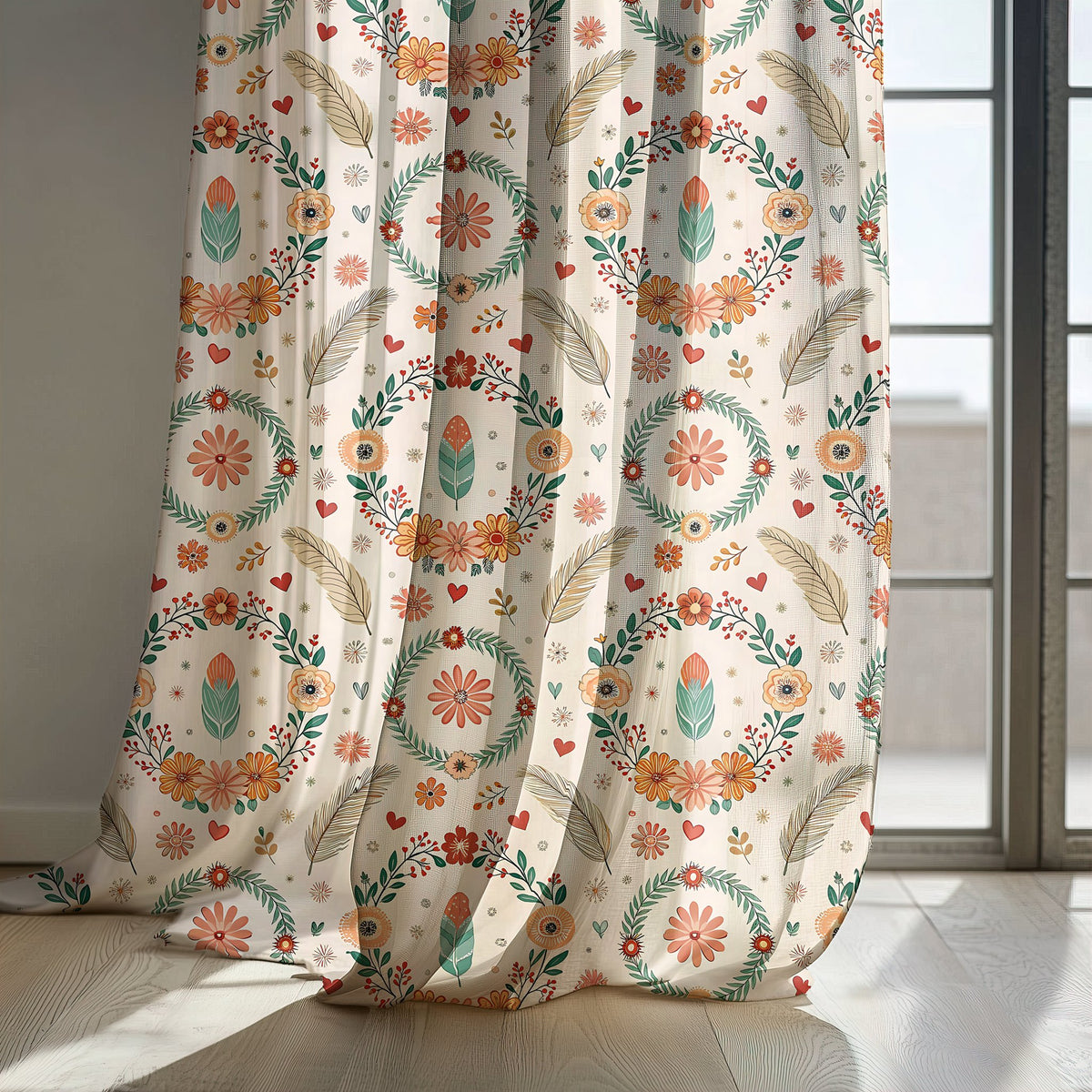 Folk floral wreath curtain panels by a sunny window