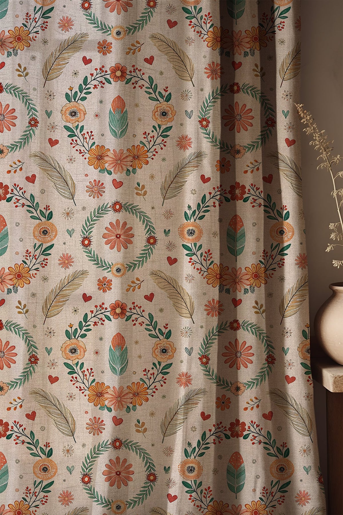 Soft folds of a folk floral wreath curtain