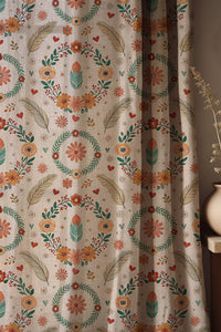 Soft folds of a folk floral wreath curtain