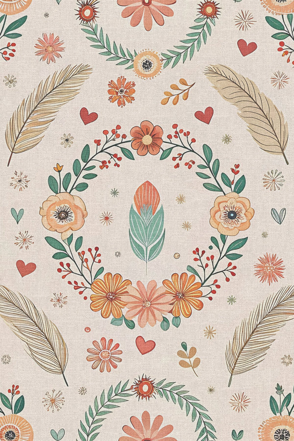 Close-up of the folk floral wreath pattern repeat