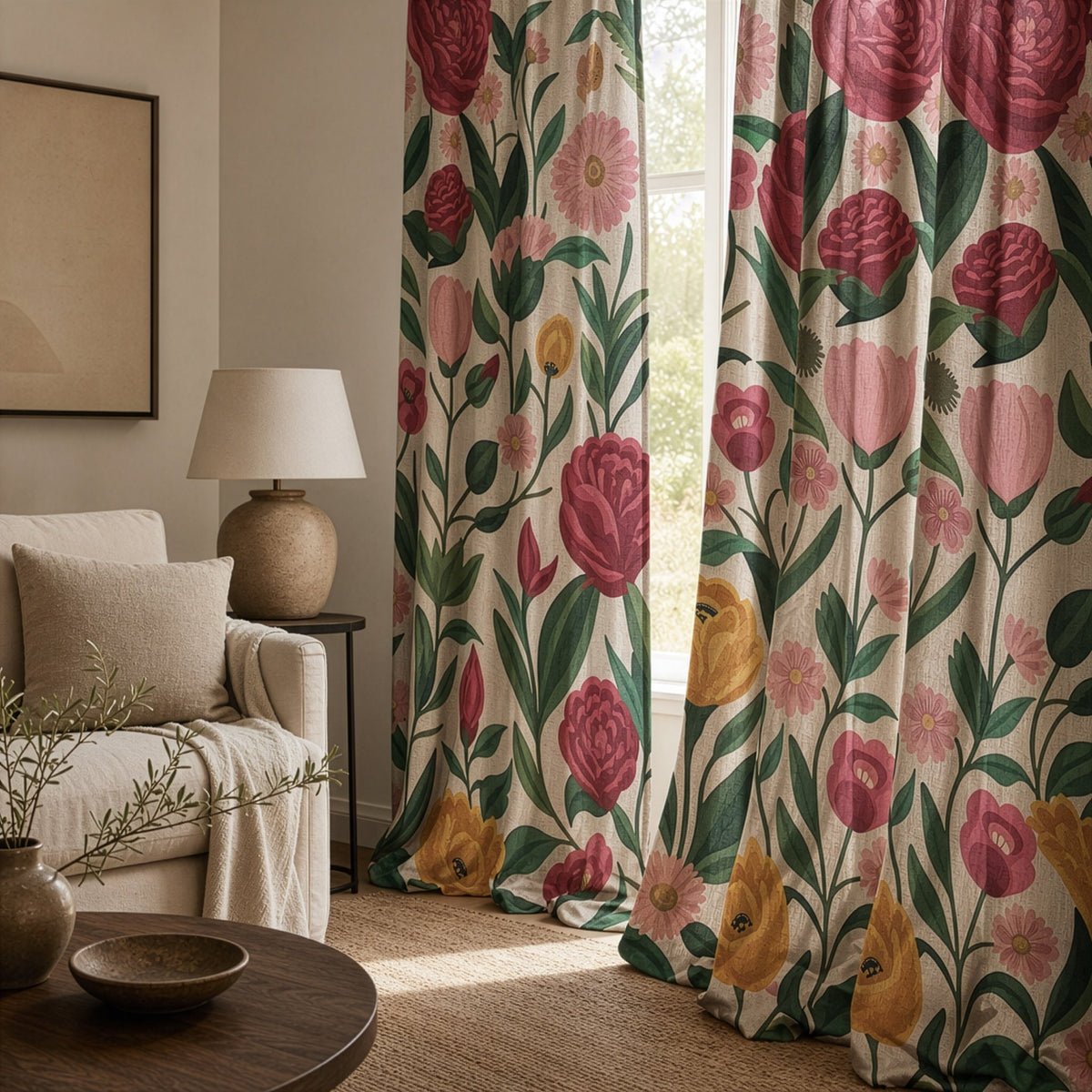 Folk rose and tulip curtains in a living room