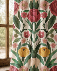 Pair of folk rose and tulip curtains at an arched window
