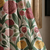 Folk rose and tulip curtain panel beside a rustic wooden window