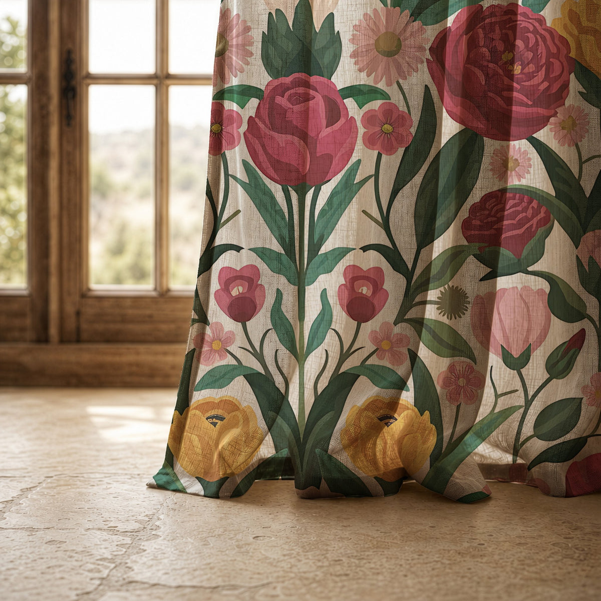 Hem of a folk rose and tulip curtain resting on a stone floor
