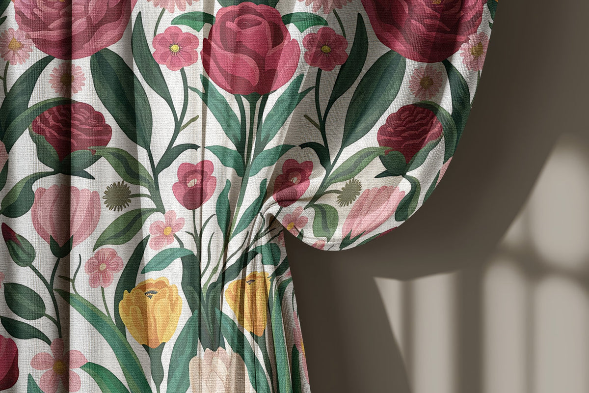 Folk rose and tulip curtain gathered to one side