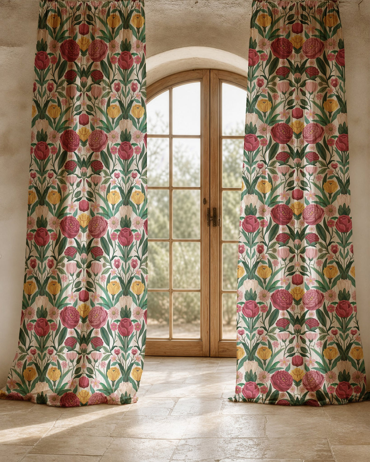 Close-up of the folk rose and tulip print