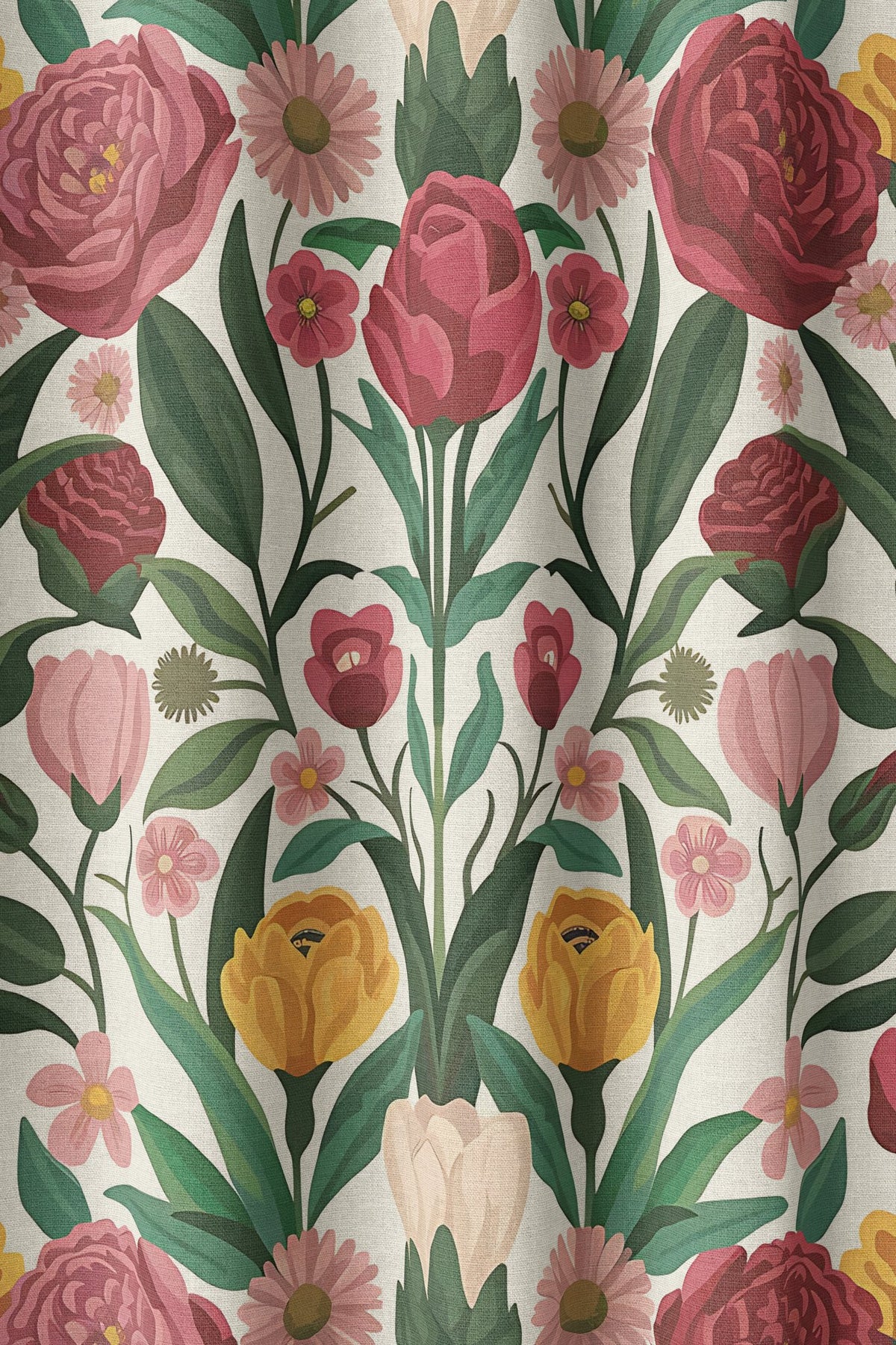 Flat view of the folk rose and tulip print