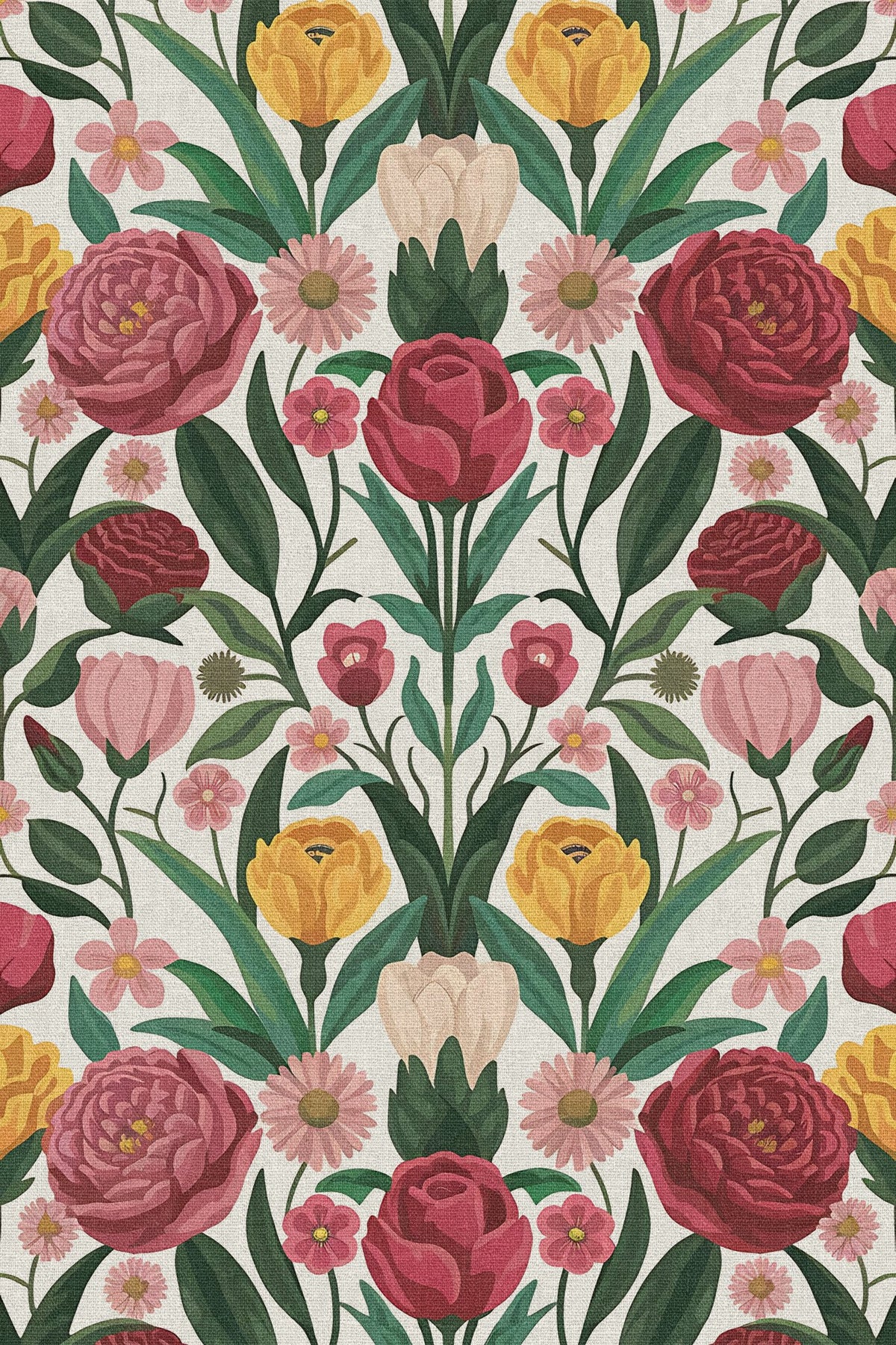 Close-up of the folk rose and tulip pattern repeat