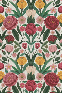 Close-up of the folk rose and tulip pattern repeat