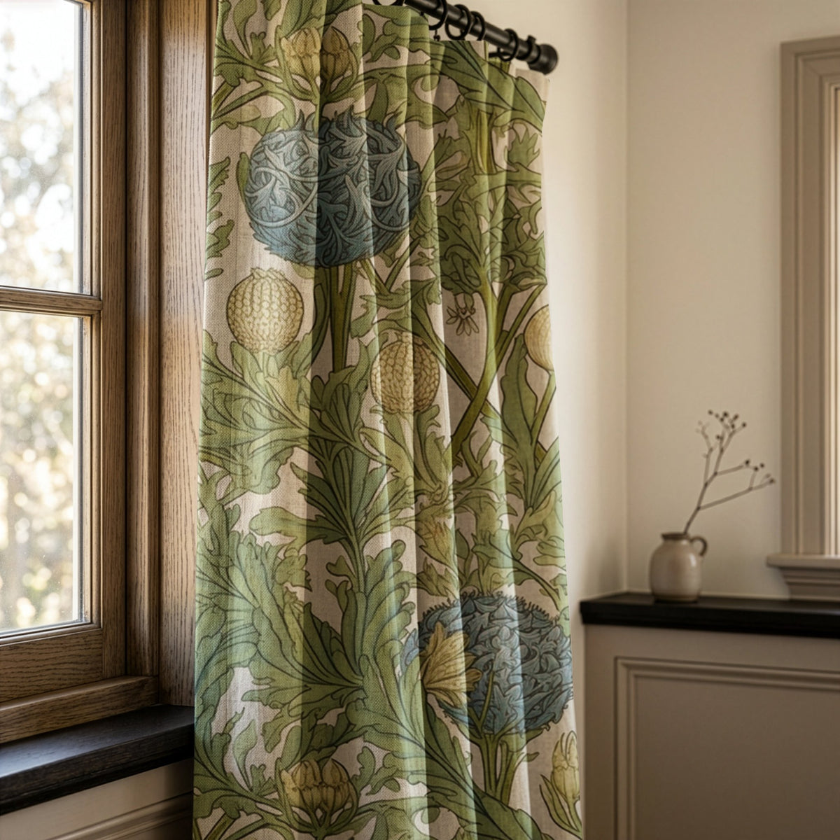 Green artichoke and acanthus curtains in a warm living room
