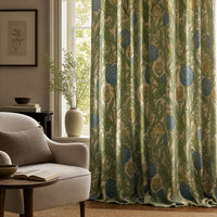 Green artichoke and acanthus curtains in a living room