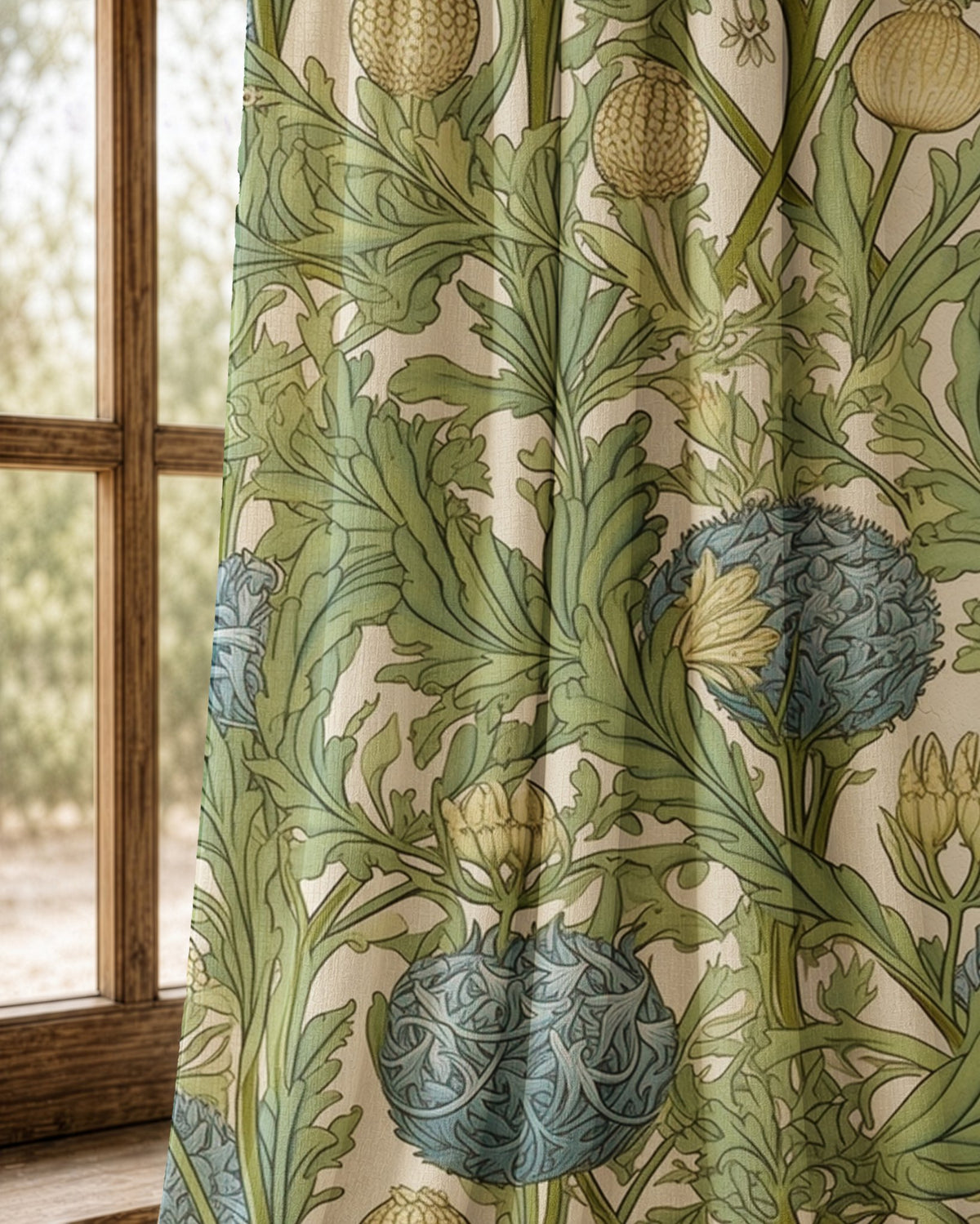 Pair of green artichoke and acanthus curtains at an arched window