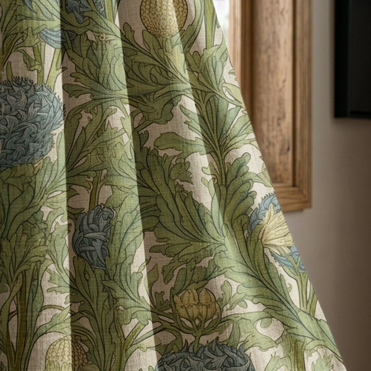 Green artichoke and acanthus curtain panel beside a rustic wooden window