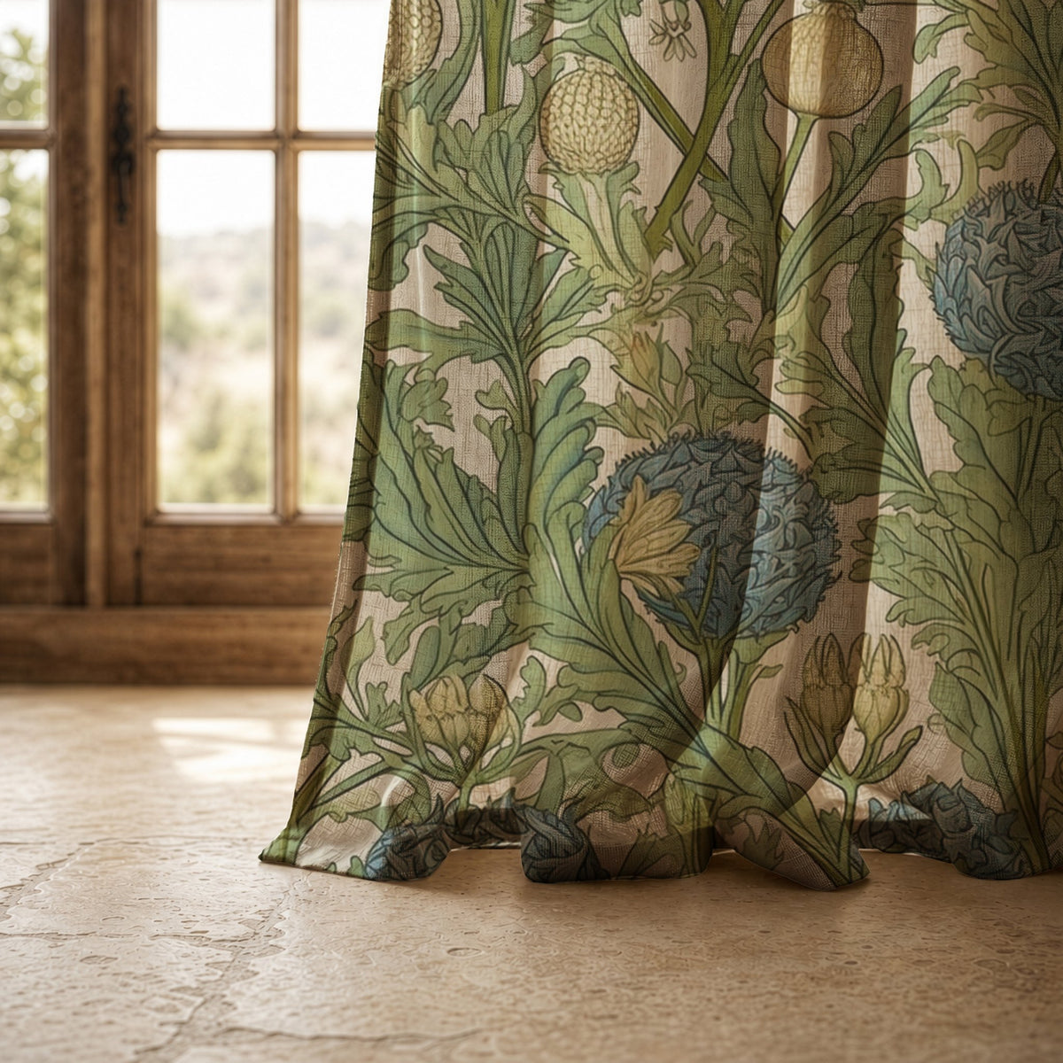 Hem of a green artichoke and acanthus curtain resting on a stone floor