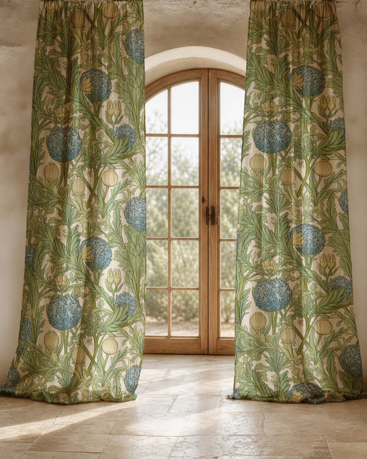 Close-up of the green artichoke and acanthus print