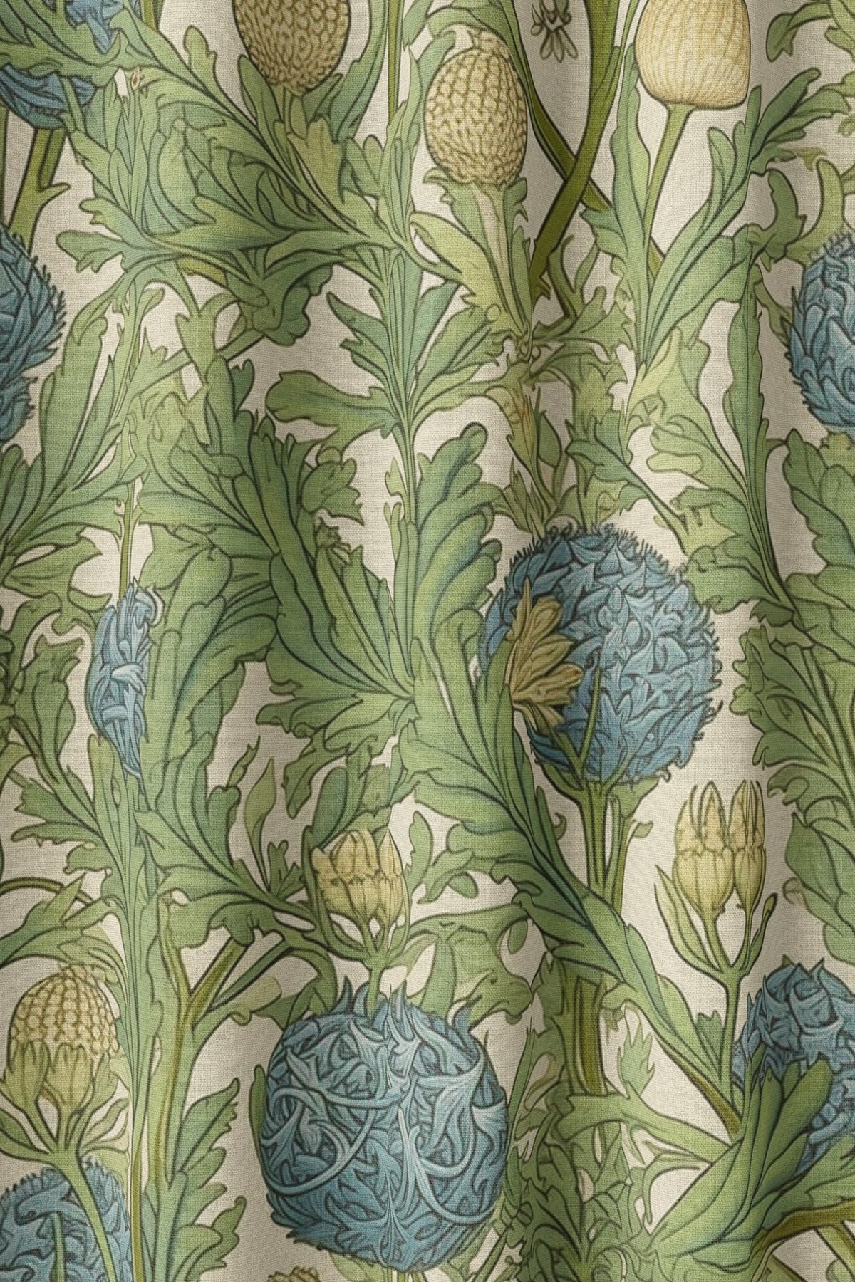 Flat view of the green artichoke and acanthus print