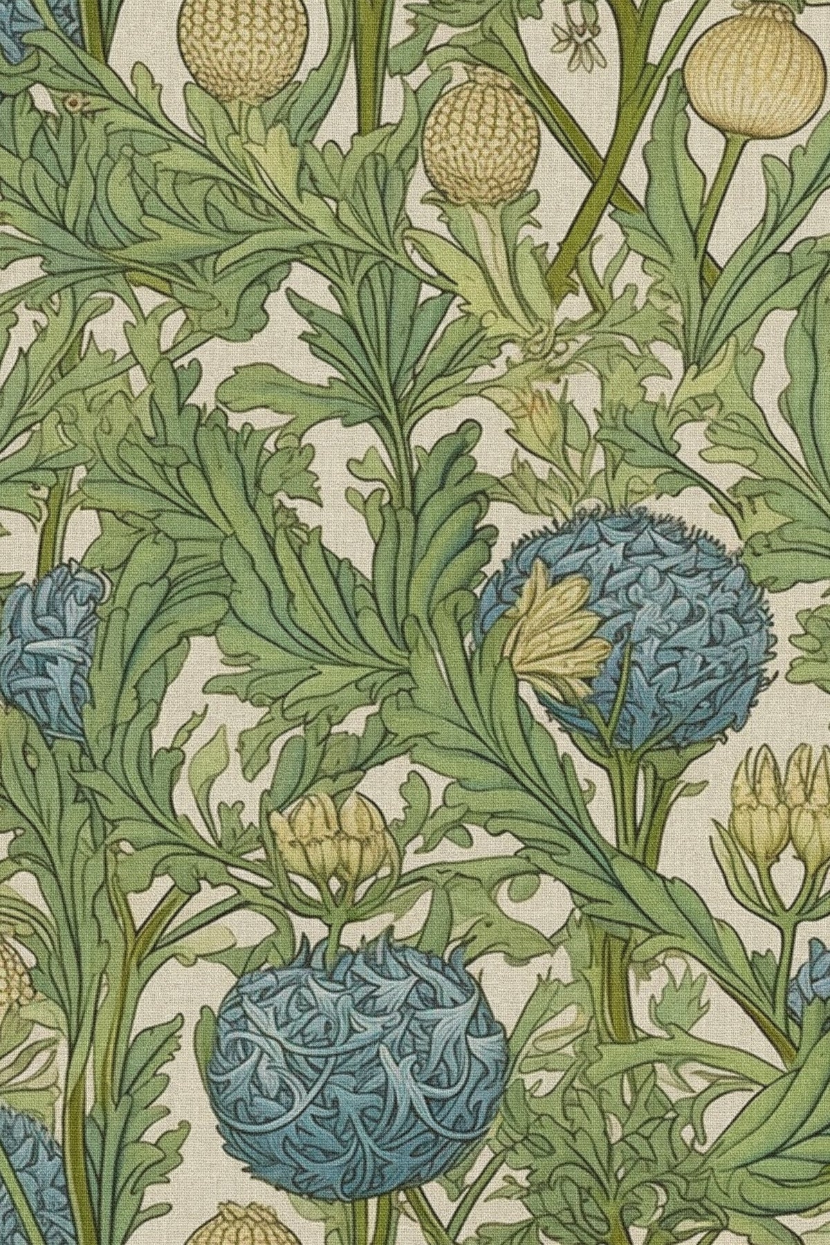 Close-up of the green artichoke and acanthus pattern repeat
