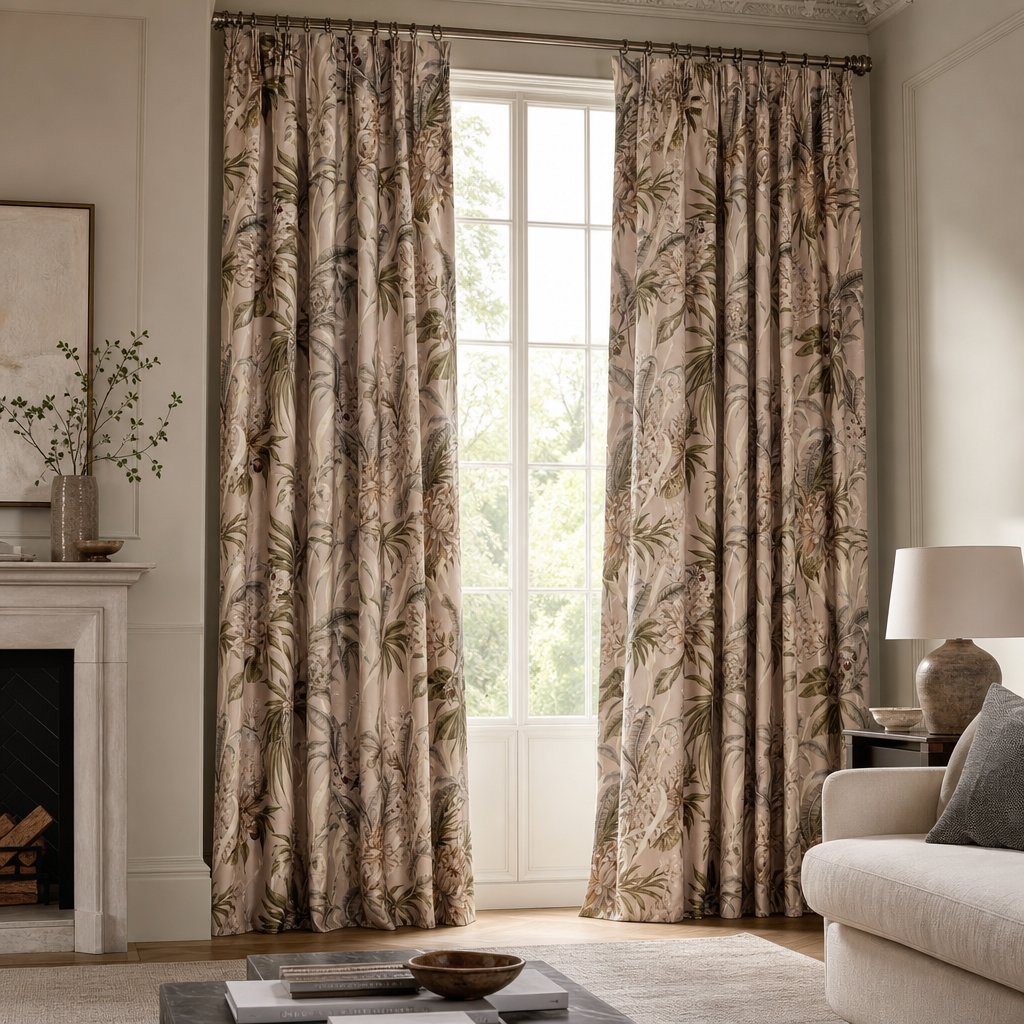 Green fern botanical curtains in a living room