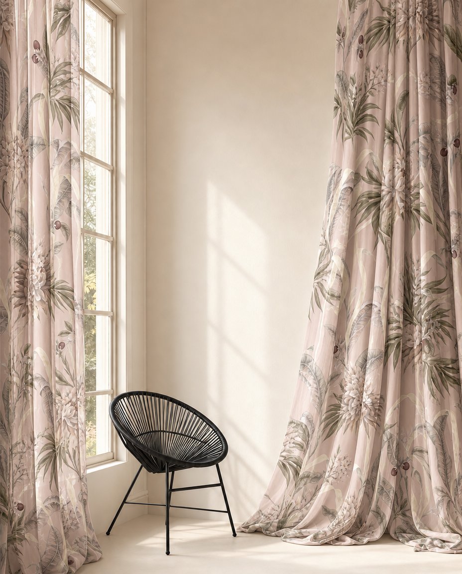 Green fern botanical curtains styled with neutral decor