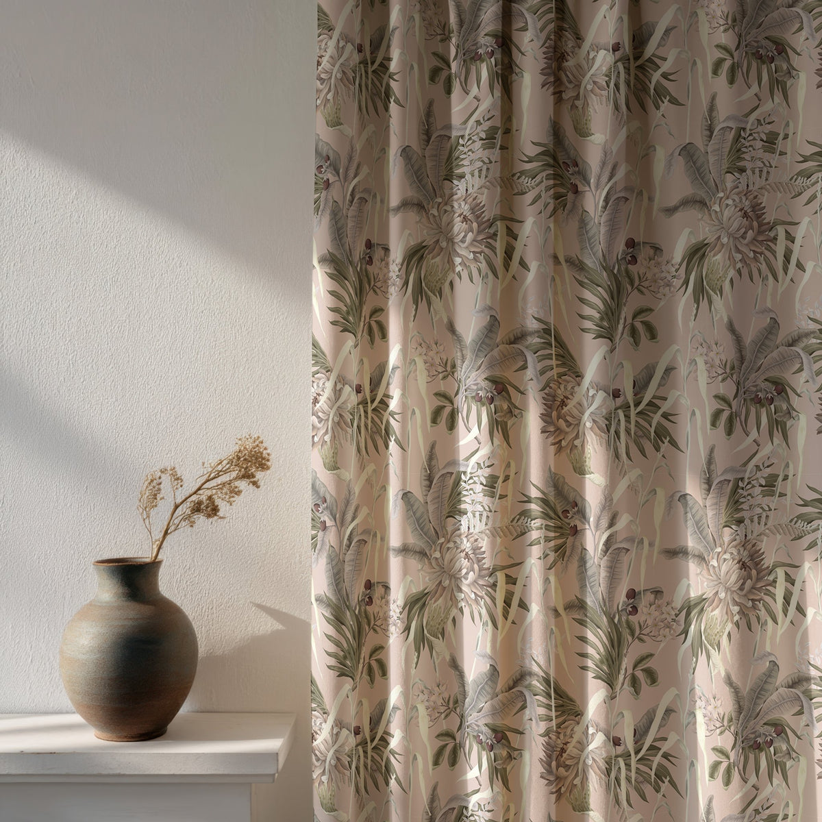 Soft daylight through a green fern botanical curtain
