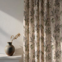 Soft daylight through a green fern botanical curtain
