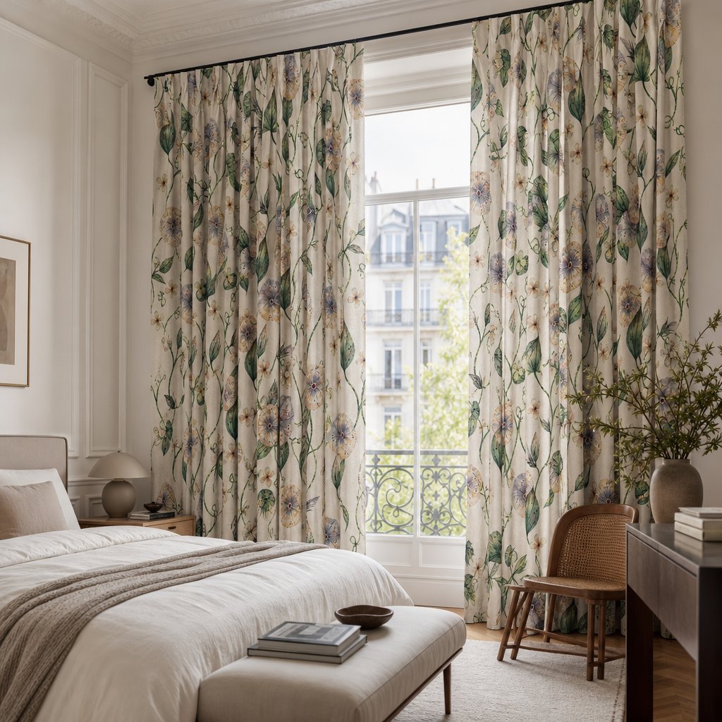 Green ivy botanical curtains in a bedroom