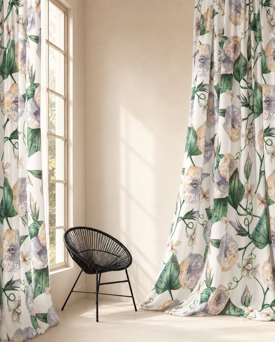 Green ivy botanical curtains styled with neutral decor