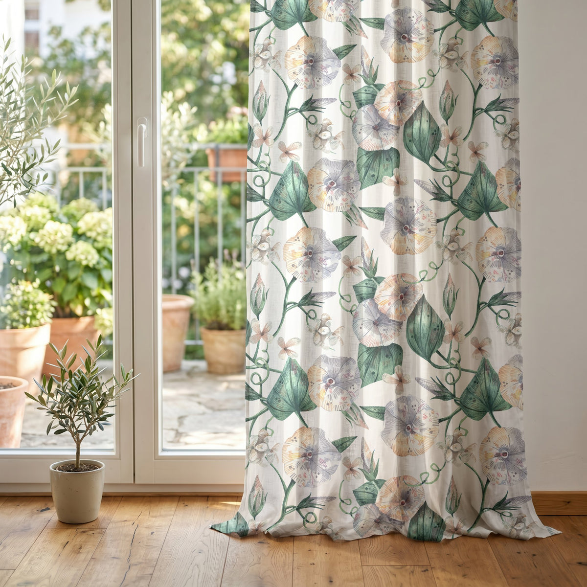 Green ivy botanical curtain at glass patio doors