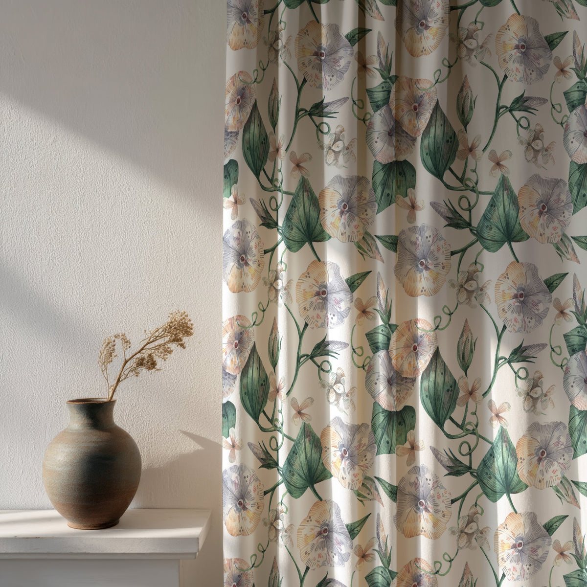 Soft daylight through a green ivy botanical curtain